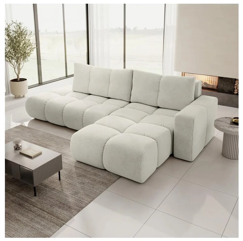 Ággyá alakítható, jobbos, L-alakú kárpitozott sarokkanapé tárolóhellyel ALMADA, bézs