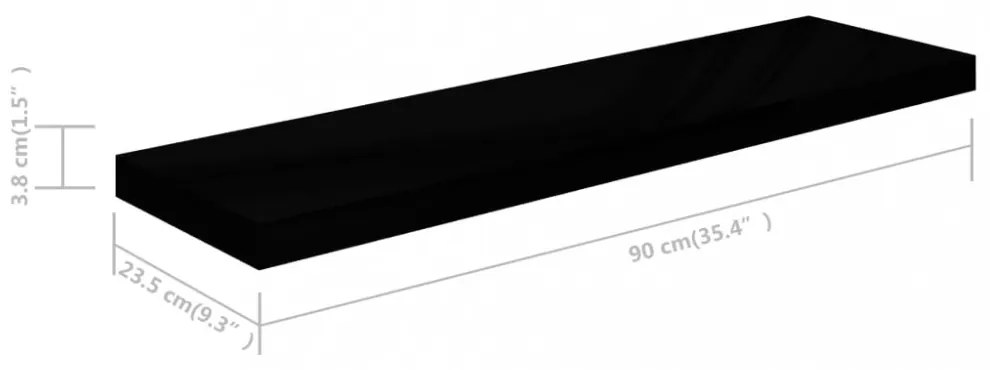 4 db magasfényű fekete MDF fali polc 90 x 23,5 x 3,8 cm