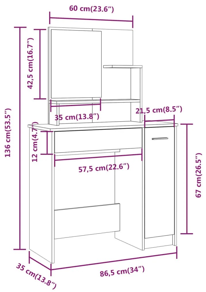 füstös tölgyszínű fésülködőasztal-szett 86,5 x 35 x 136 cm
