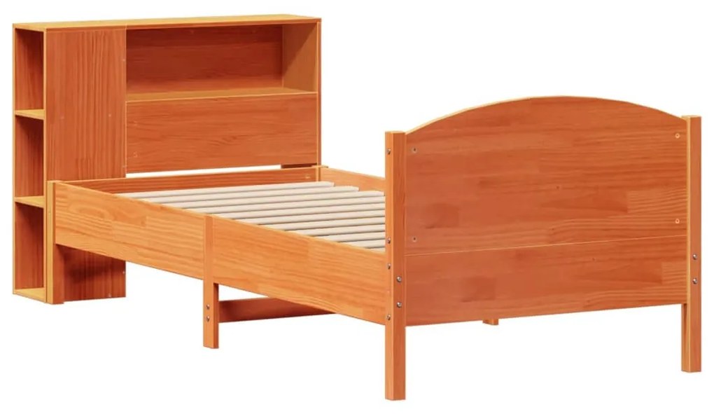 barna tömör fenyőfa könyvespolcos ágy matrac nélkül 75 x 190 cm