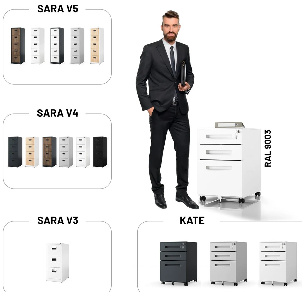 Fém gurulós konténer íróasztal alá KATE 390 x 600 x 500 mm, fehér