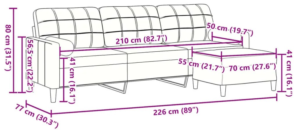 3 személyes rózsaszín bársonykanapé lábtartóval 210 cm
