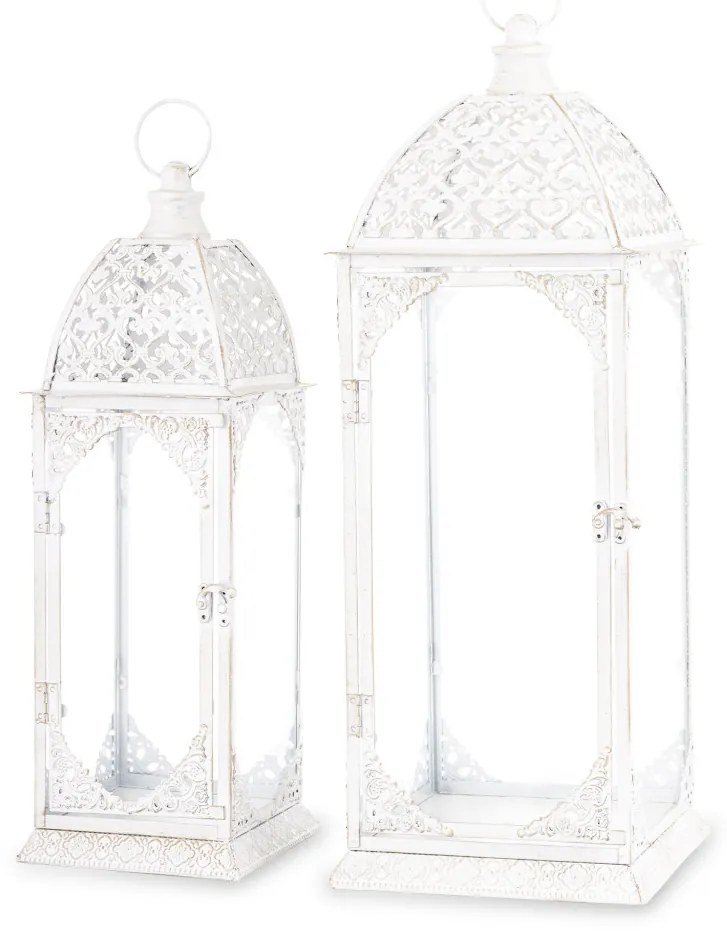 Vintage fehér szögletes 2db-os áttört fém lámpás lantern szett fogantyúval 50x17x17 / 62x22x22cm