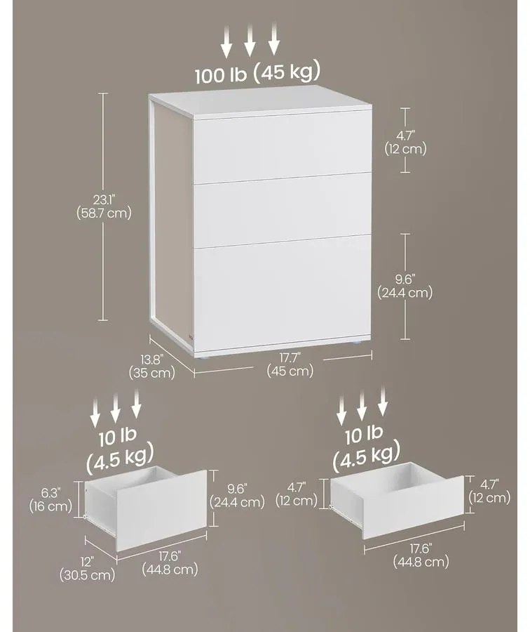 VASAGLE éjjeliszekrény 3 tárolófiókkal, matt fehér és cappuccino bézs színben