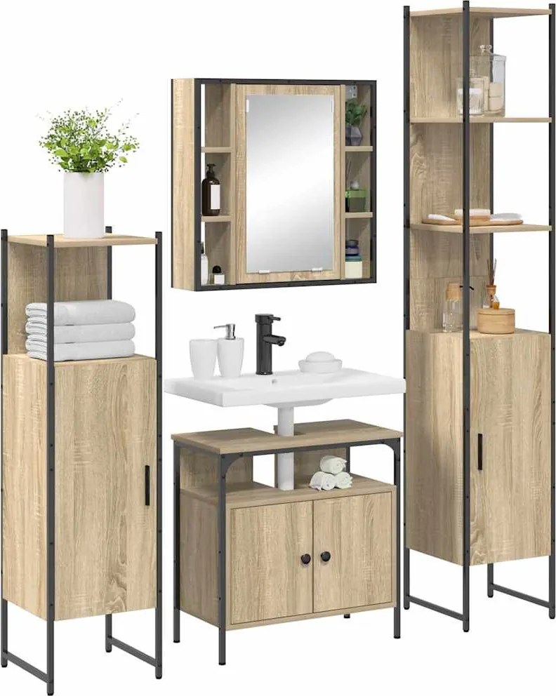Fürdőszoba bútor szett polcokkal 4 pcs Sonoma tölgy Faanyag