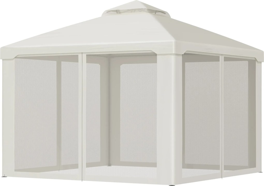 Outsunny Kétszárnyú Tetővel Ellátott Pergola, kb. 3x3m Vízálló, Stabil Téli Kerthelyiség Moszkitóhálóval, Oldalsó Panelek, Fém Kerthelyiség, Kerthez,