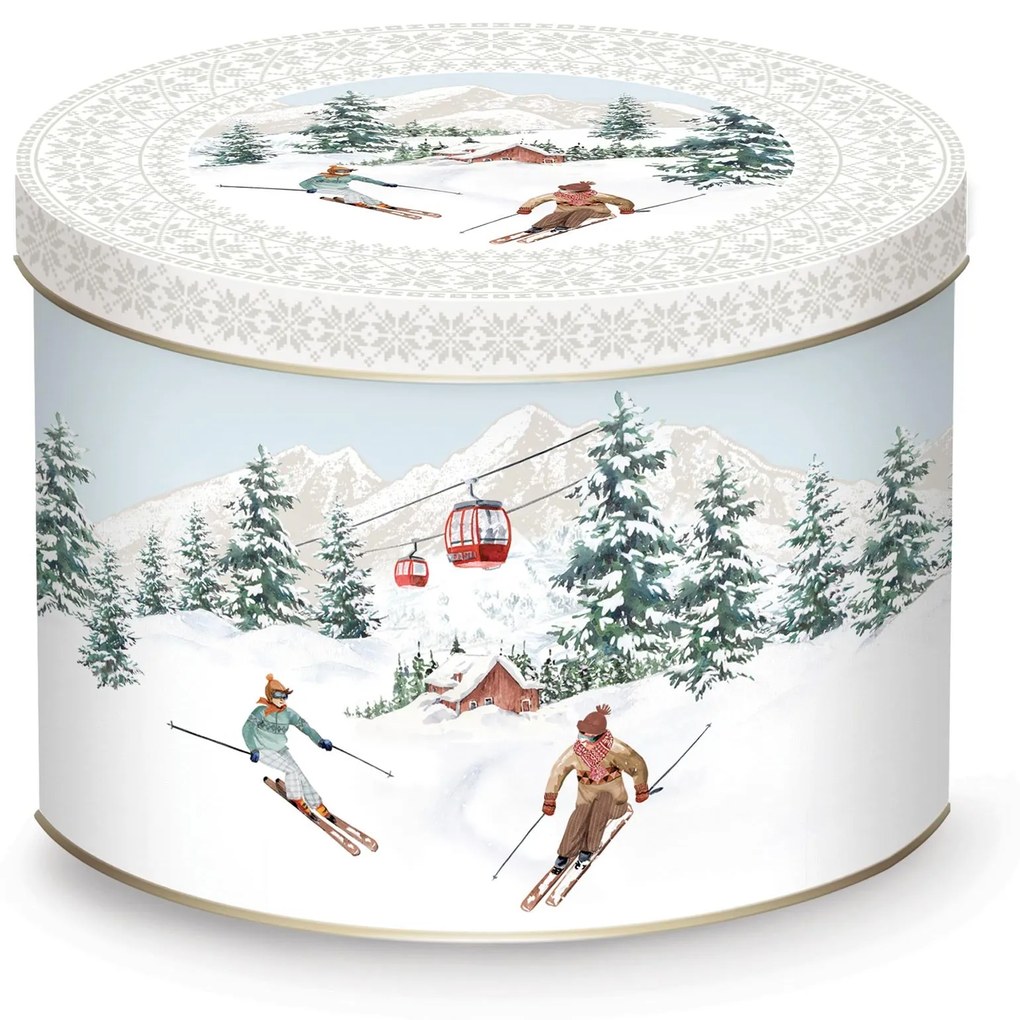 Karácsonyi porcelán bögre fém díszdobozban Chalet