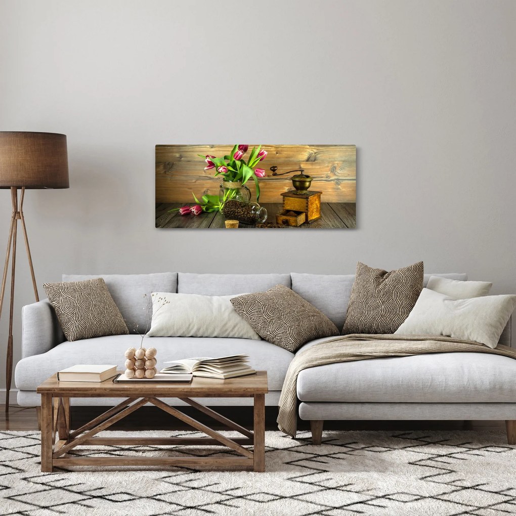 Tulipánok, daráló és kávé képe (120x50 cm)