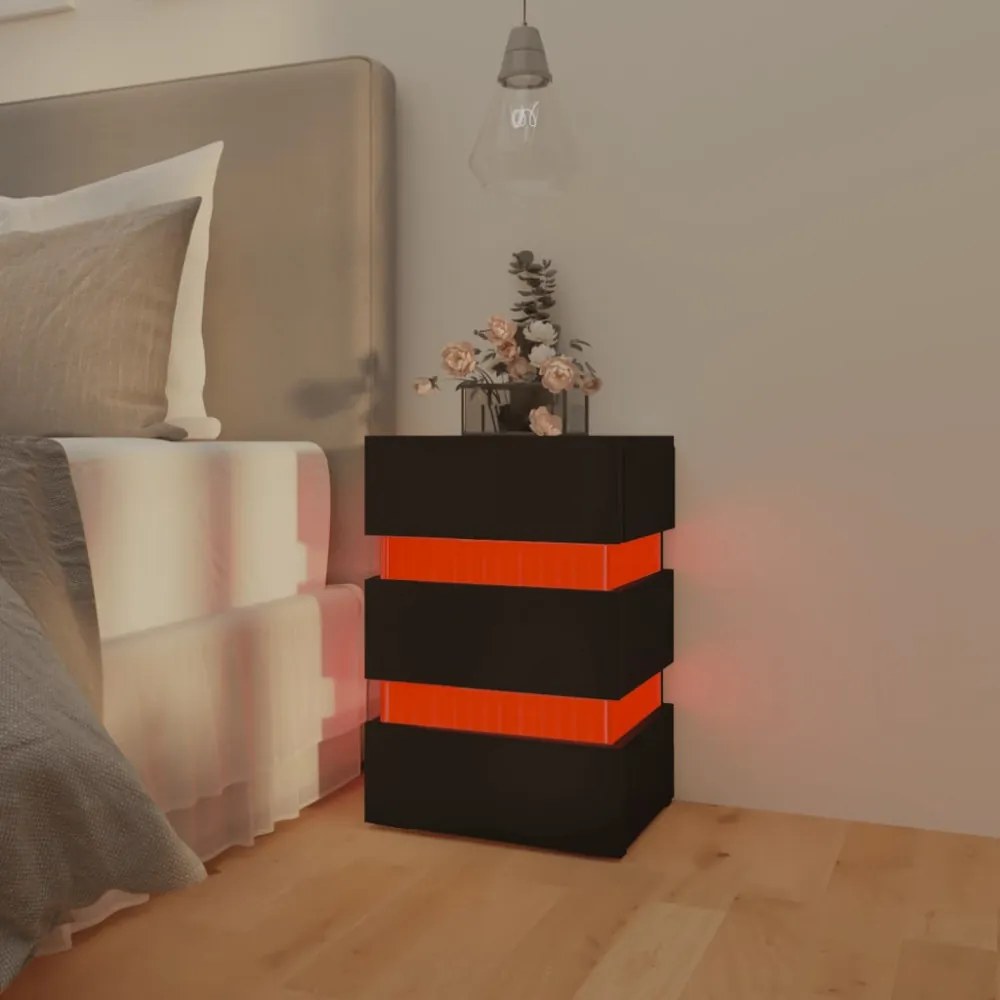 fekete szerelt fa LED-es éjjeliszekrény 45 x 35 x 67 cm