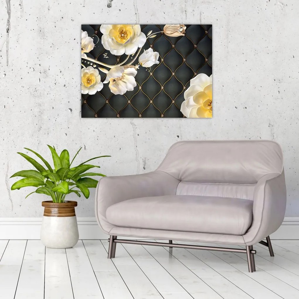 Fehér rózsa virágok képe (üvegen) (70x50 cm)