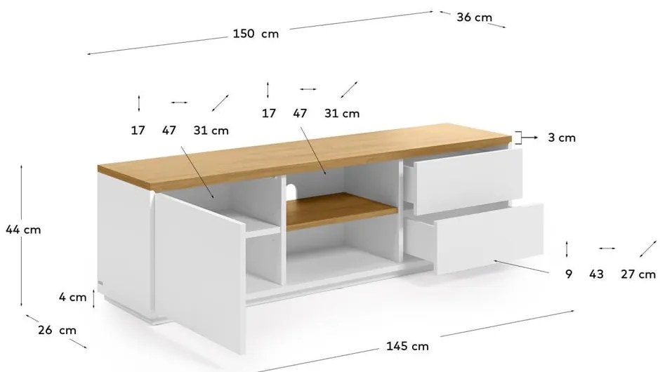 Fehér TV-állvány tölgyfa dekorral 150x44x36 cm Abilen – Kave Home