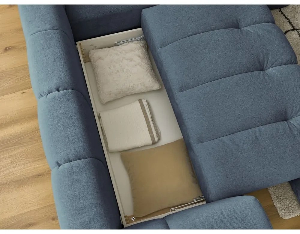 Kék kinyitható-tárolóhelyes sarokkanapé (jobb oldali-L alakú) Fuji – Bobochic Paris