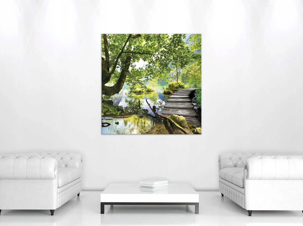 Vászonkép 80x80 Erdő tó tükröződés fa ösvény nyugalom természet zöld