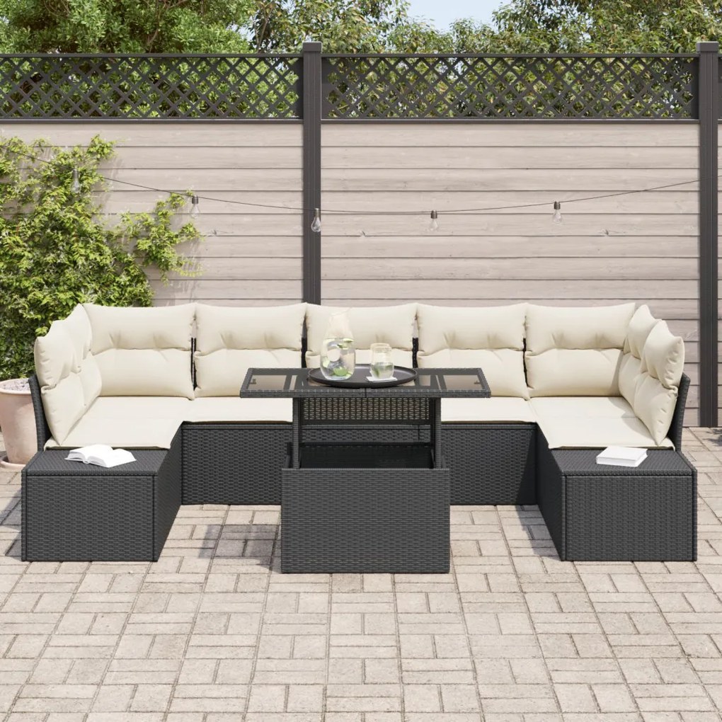 8 Részes Kert Sofa Készlet Párnákkal Fekete Poli Rattan