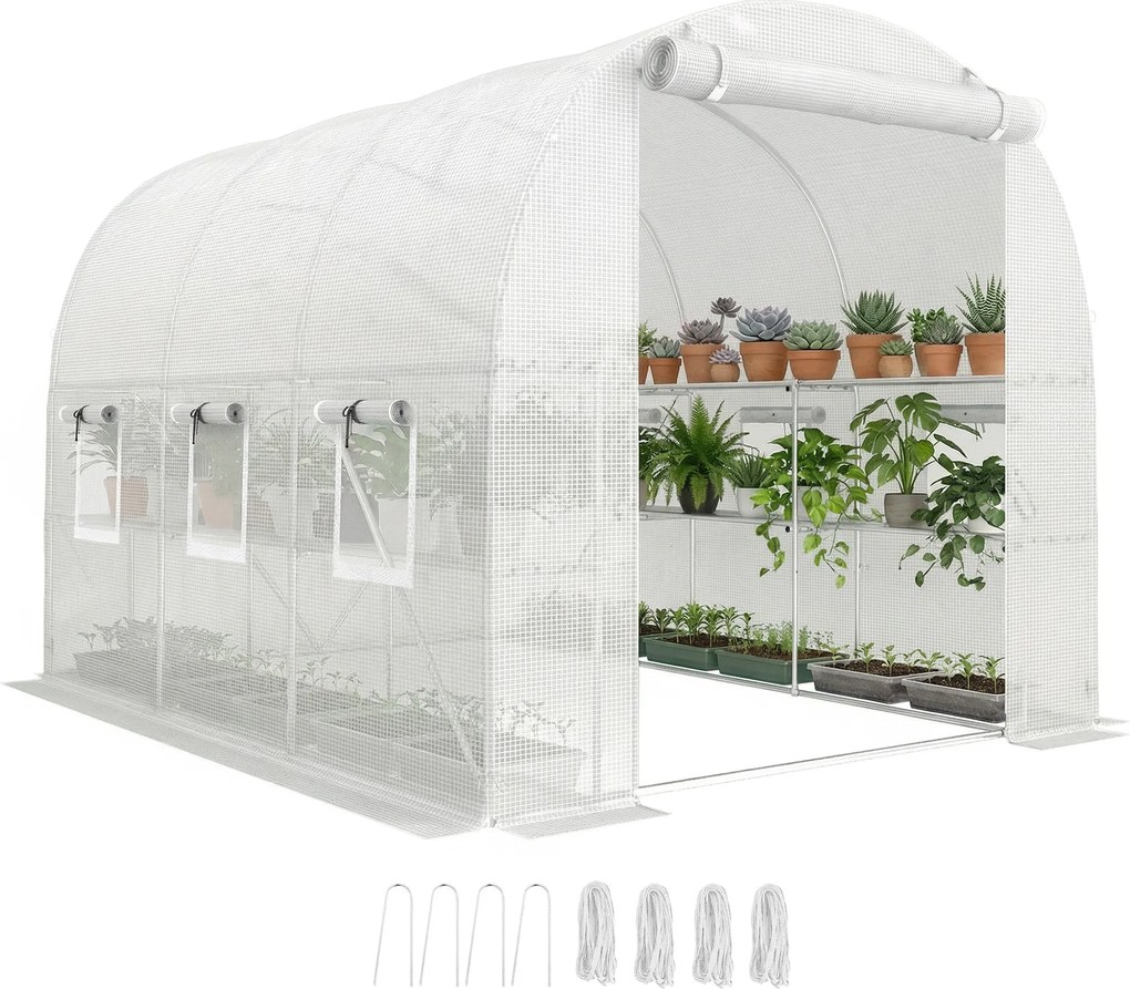 Outsunny PE alagút üvegház polcokkal, feltekerhető cipzáras ajtóval, 6 hálós ablakkal, merevítő rudakkal, UV-álló takaró, fehér (198 × 275 × 191 cm) |