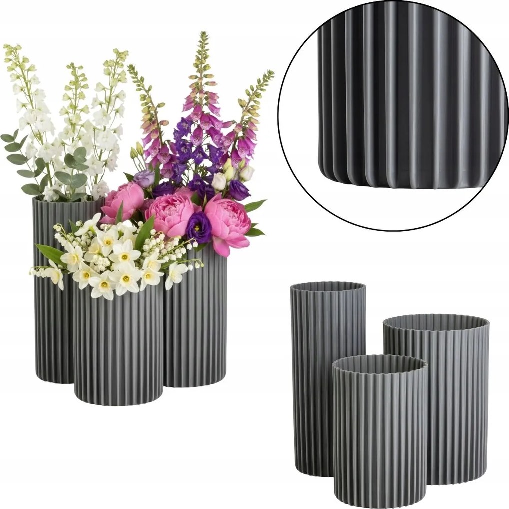 3 Db-os Szürke Váza Szett virágos kozmetikai kiegészítők tartó glam