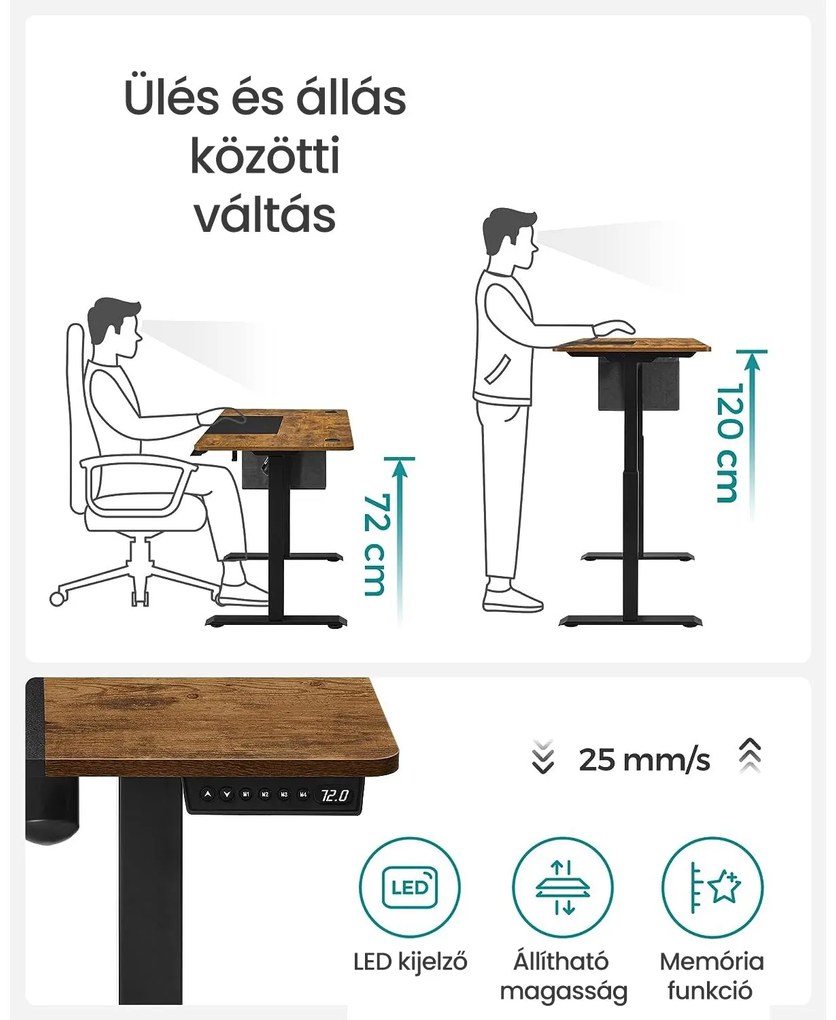 Állítható magasságú elektromos íróasztal 140 x 60 x (72-120) cm, vintage barna/fekete