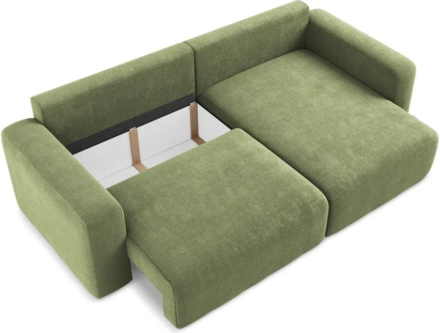Zöld zsenília kinyitható-tárolóhelyes sarokkanapé (jobb oldali-heverő résszel) Kona – Makamii