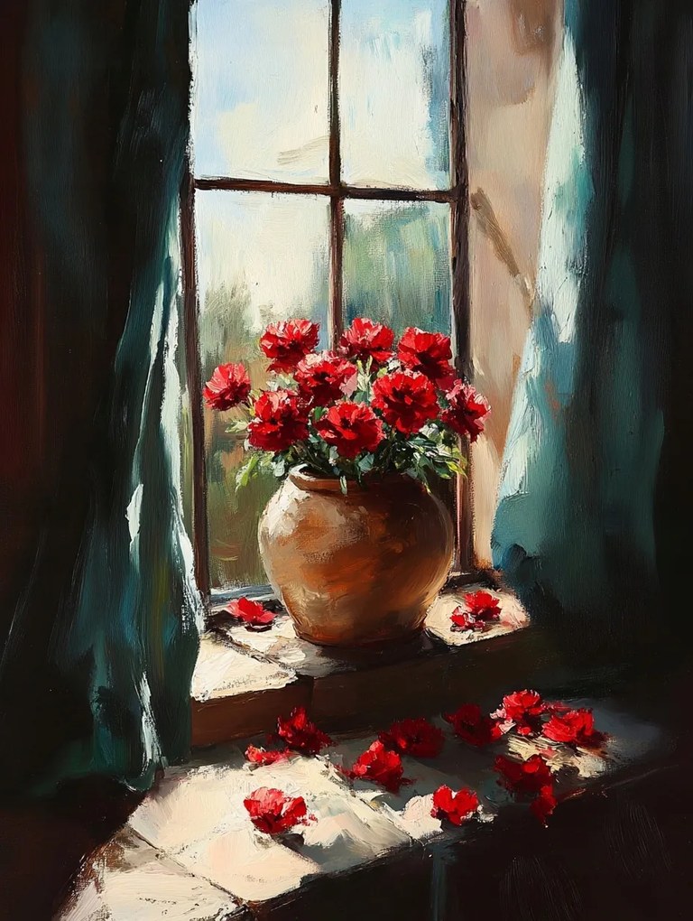 Vászonkép Canvas Piros Virágok Az Ablakban Váza Rózsák Vintage 60x80