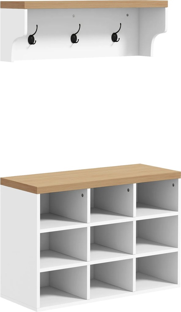 HOMCOM Előszoba Kabát állvány és Cipő Padozat 2 az 1-ben Előszobai Bútor 3 Fogantyúval és Polcokkal 9 Pár Cipőnek 75x30x50 cm és 75x20x22.5 cm Fehér |