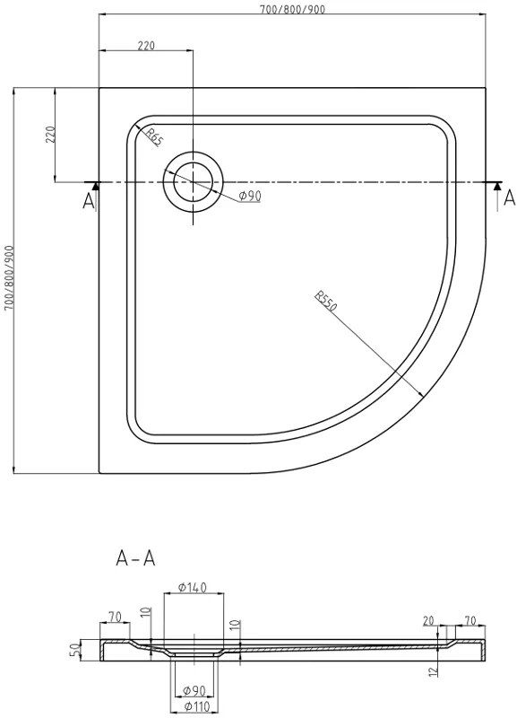 Mexen Rio, negyed kör alakú zuhanykabin tolóajtóval 70 x 70 cm, 5mm szürke üveg, króm profil + fekete zuhanytál, 863-070-070-01-40-4170