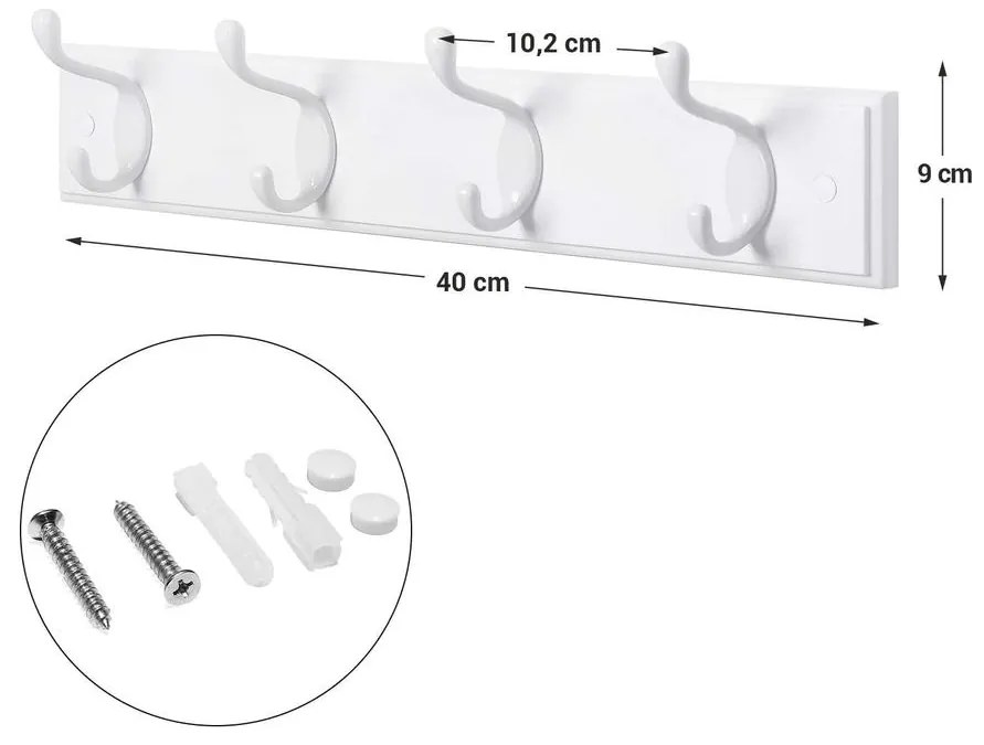 Fali fogas 4 fém kampóval, 40 x 7 x 9 cm, fehér