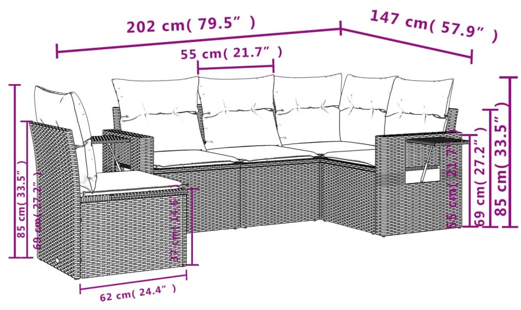 5 részes fekete polyrattan kerti kanapészett párnákkal