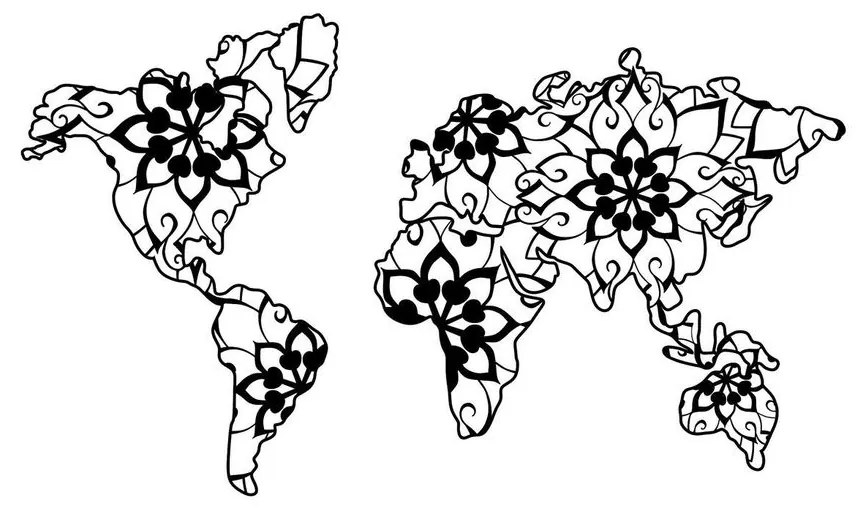 Fém fali dekoráció 103x60 cm, világtérkép mandala virággal, fekete - MONDE HINDU