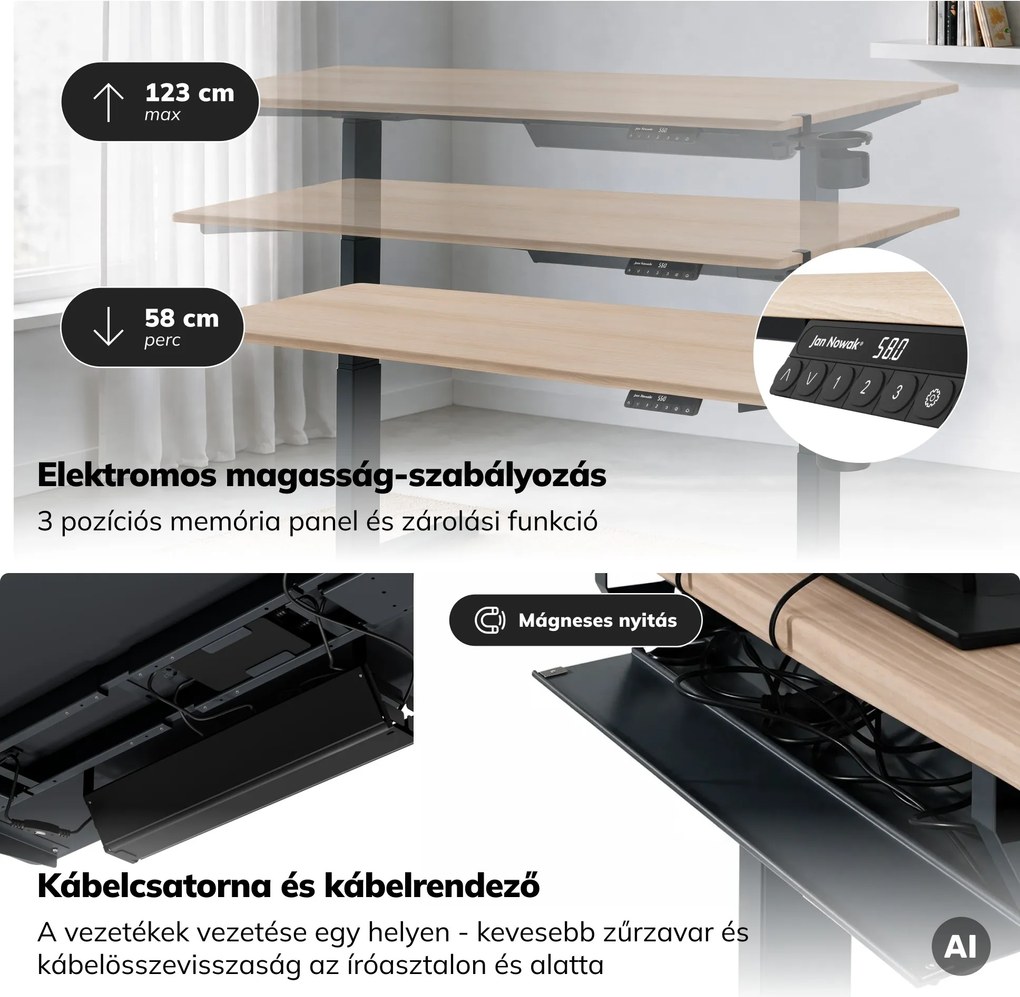Elektromos íróasztal magasságállítással ergonomikus antracit/sonoma tölgy,1600x800 mm: ARIA