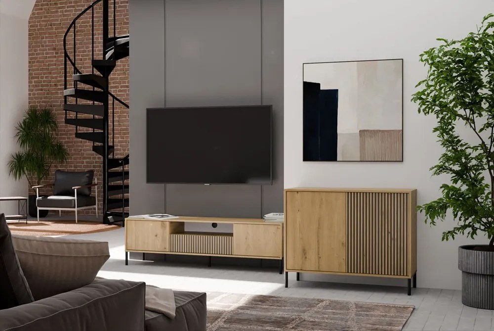 KAMARO 2D Slim komód 103.5x40x82.5 cm, tölgy-fekete