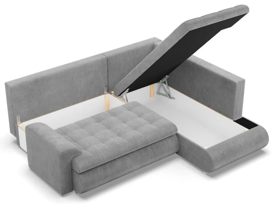 Tokio sarokkanapé, L alakú háttámlával, 2 ágyneműtartóval, kordbársony, jobboldali, szürke