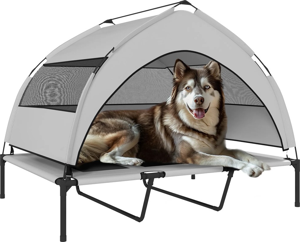 PawHut 23 cm Magasított Kutyaágy Leválasztható 3-Aoldalas Fedéllel, Nagy Légáteresztő Acél Kutya Kényelmi Ágy Táskával, 122x92x94cm, Világosszürke és