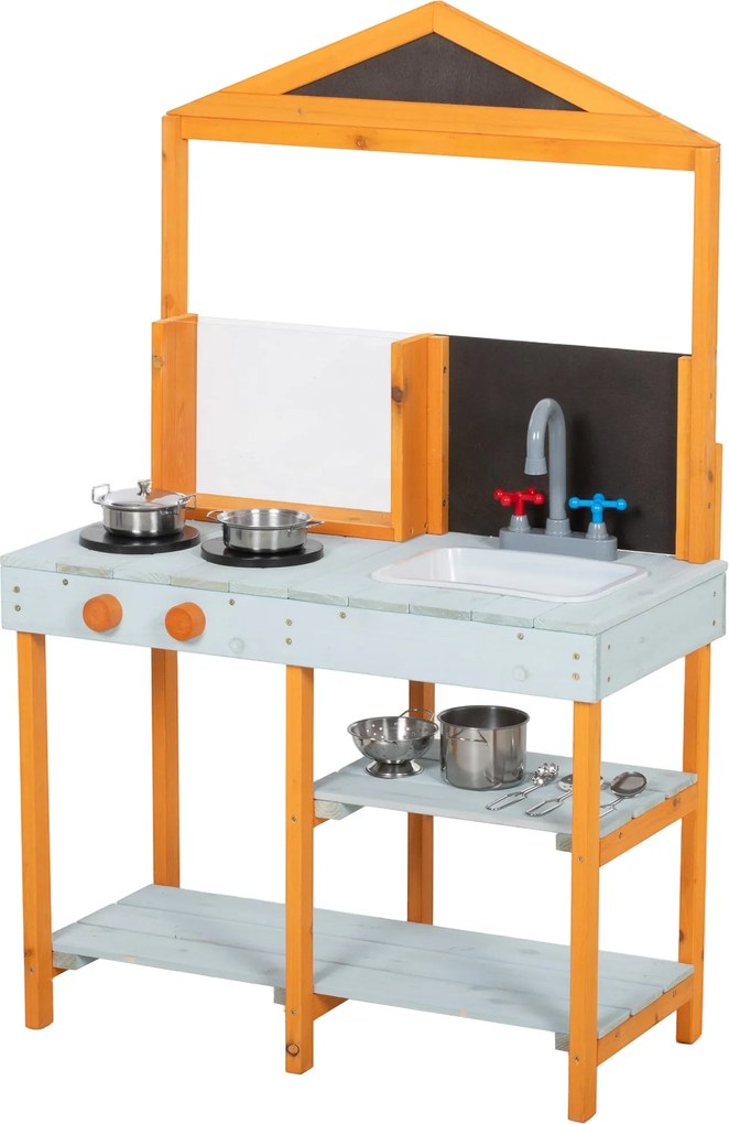 AIYAPLAY kültéri sáros játékkonyha, fa tűzhellyel, levehető mosogatóval és polcokkal — 4 rozsdamentes tál és 3 lapát, 3–8 éveseknek, világoskék | Aoso