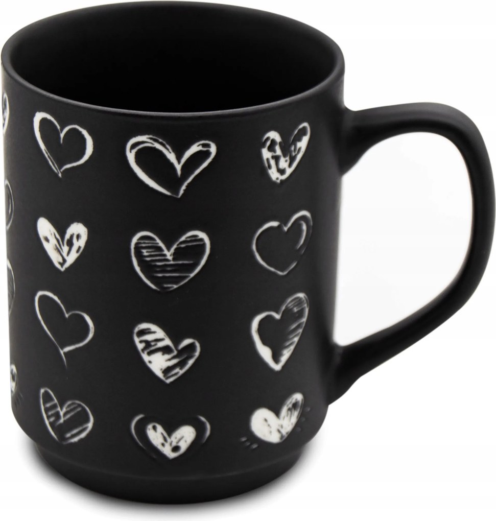 Bögre 340 ml Fekete, szívecskés motívummal Ideális kávéhoz, teához