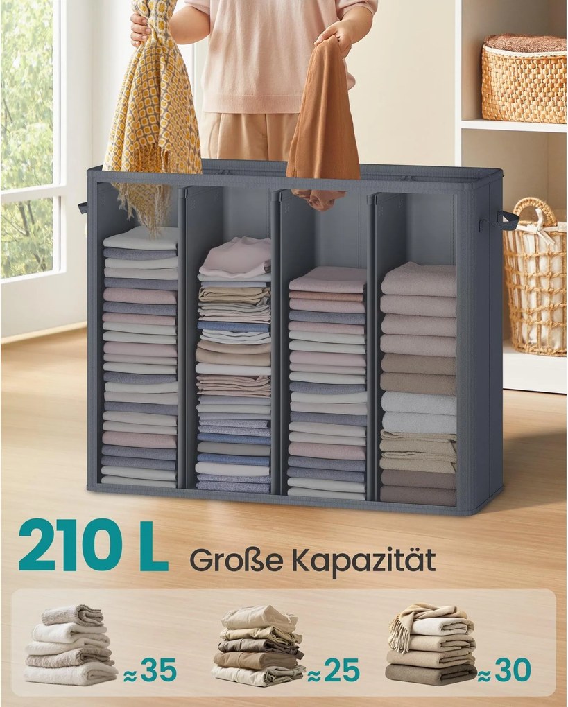 SONGMICS 4 rekeszes szennyestartó kosár tetővel, 210 L, sötétszürke