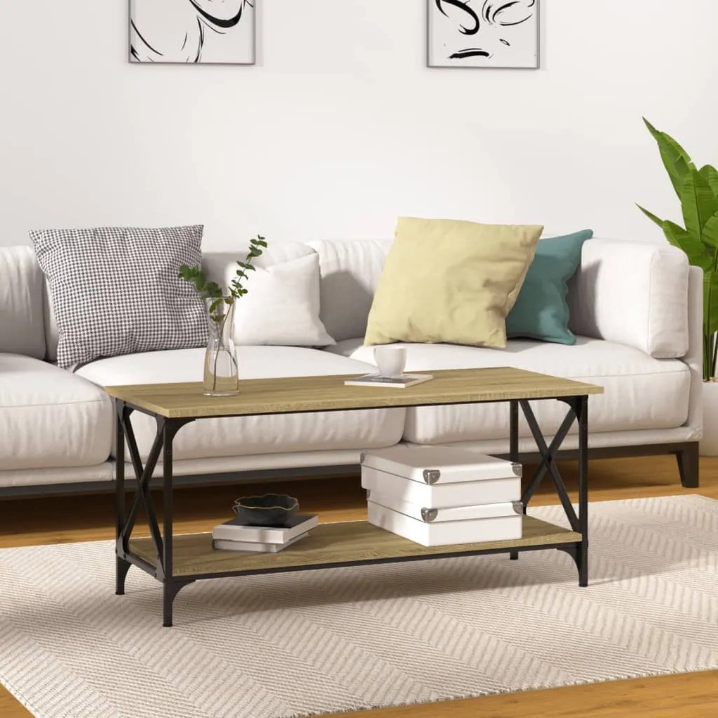 Fekete szerelt fa és vas dohányzóasztal 100 x 45 x 45 cm