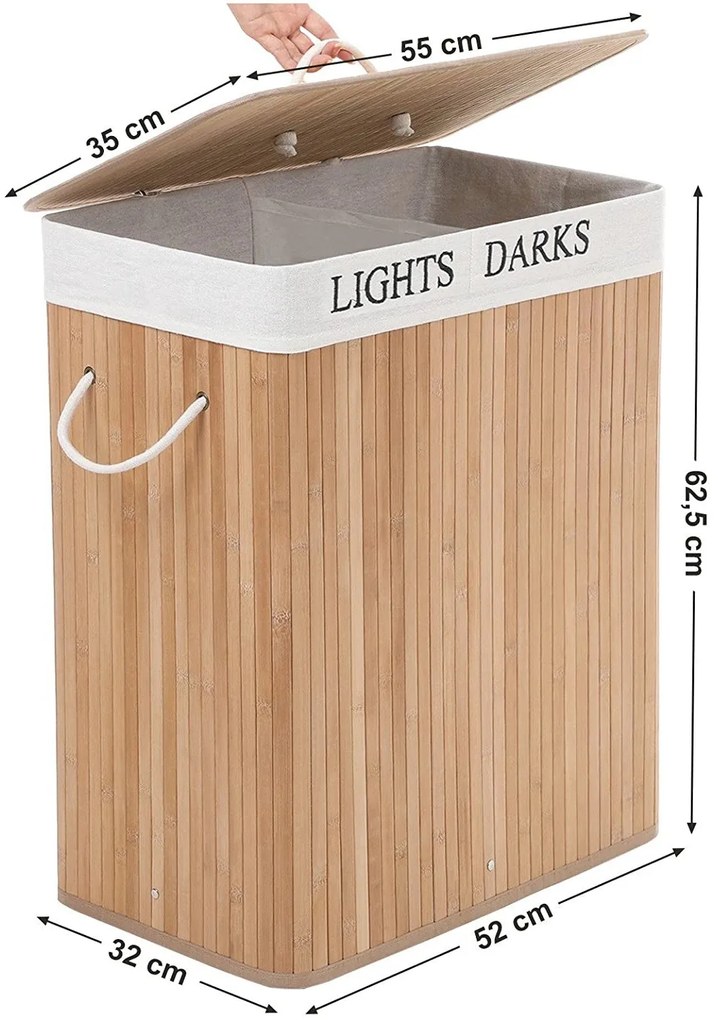 Szennyestartó, XXL bambusz szennyeskosár 2x50L, natúr