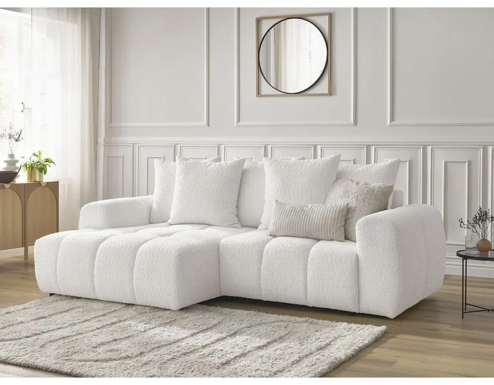 Fehér buklé kinyitható-tárolóhelyes sarokkanapé (bal oldali-heverő résszel) Roxelane – Bobochic Paris