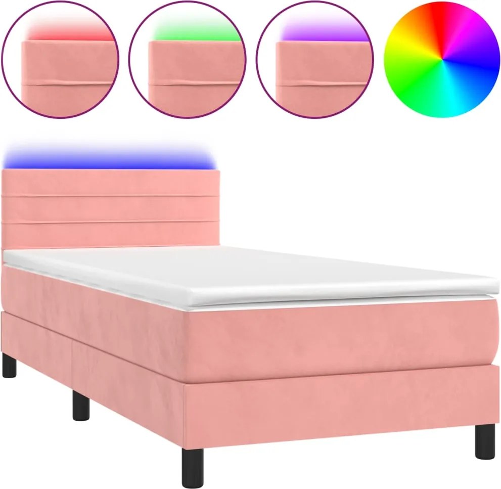 vidaXL rózsaszín bársony rugós és LED-es ágy matraccal 90x190 cm