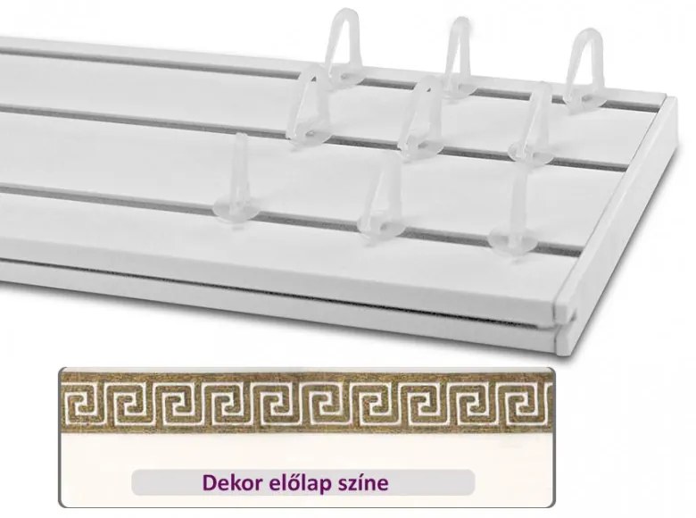Fehér-arany görög mintás 45 mm-es előlapos háromsoros műanyag mennyezeti sínes karnis 350 cm-es szett