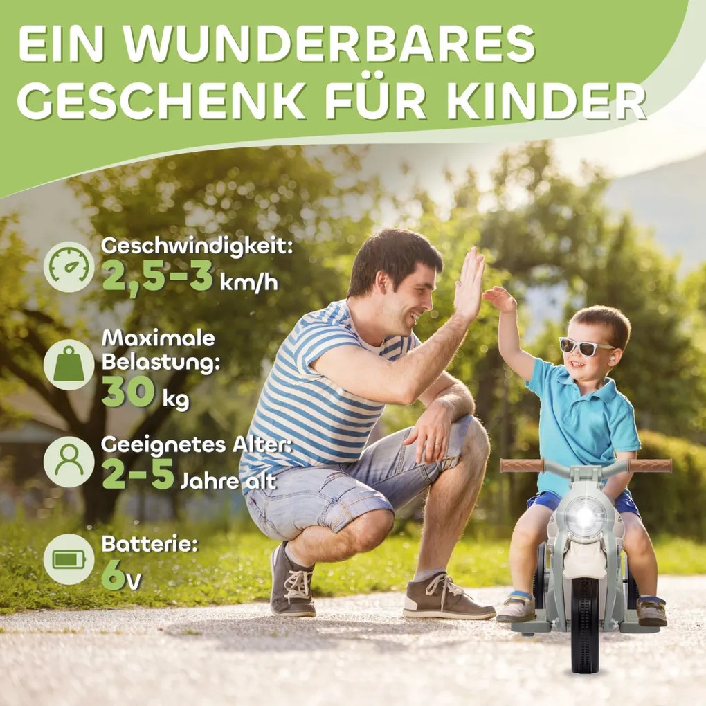 AIYAPLAY elektromos gyerekmotor, 6 V-os zenés gyerekmotor, 2,5-3 km/h sebességgel fúj, 2-5 éves, krémfehér