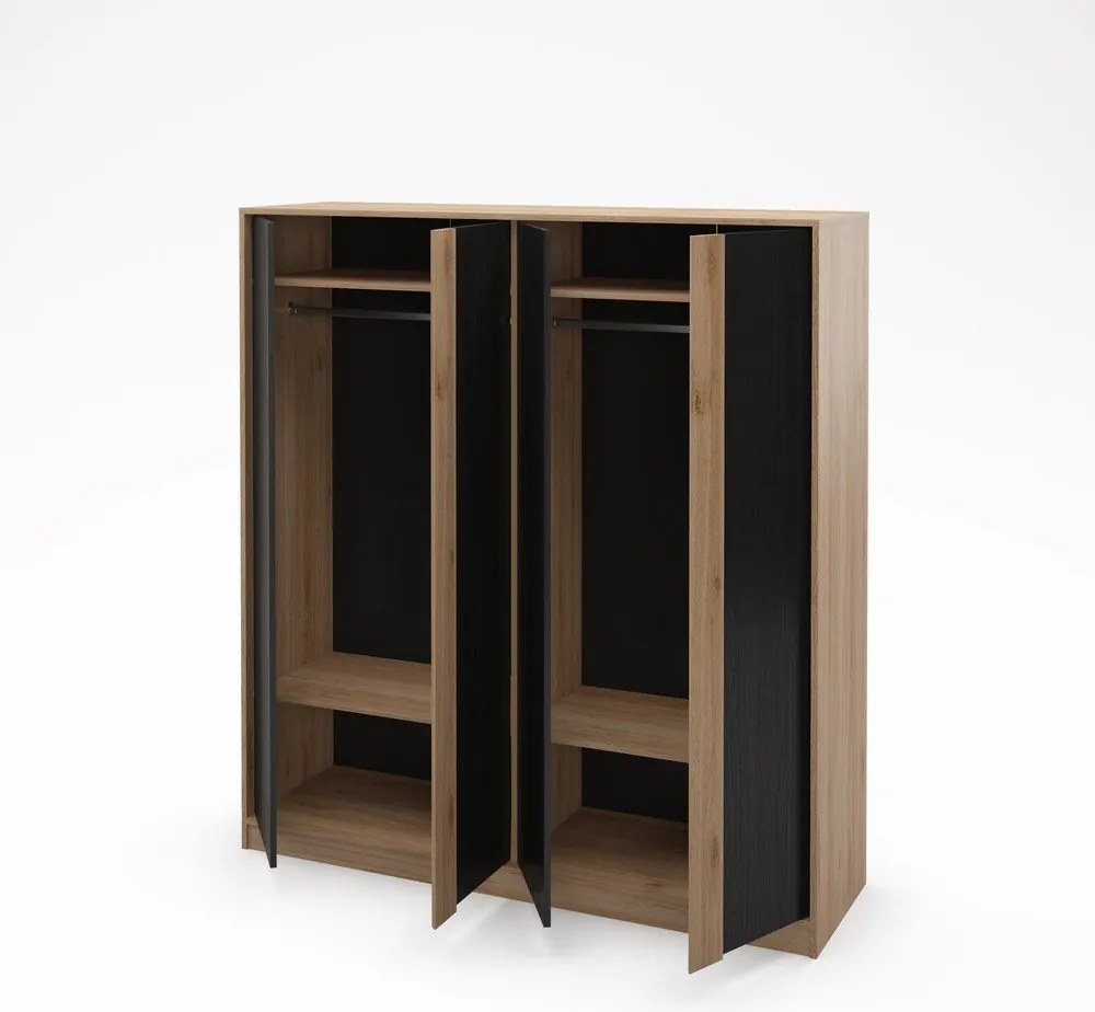 Fekete-natúr színű ruhásszekrény tölgyfa dekorral 180x197,5x53 cm Dennis – Marckeric