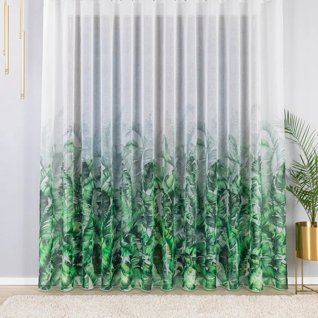 Etamin Függöny Kész Szalaggal, Zöld Levelek 350x210