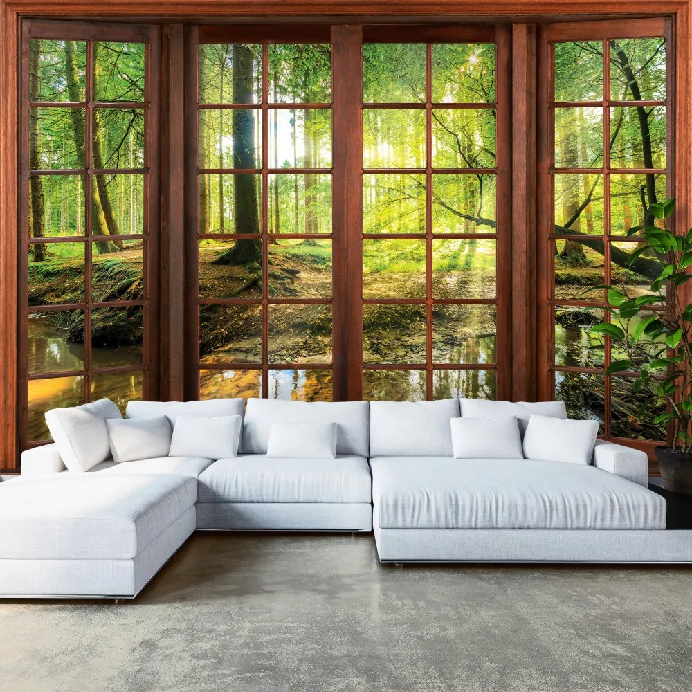 Ablakból kilátás erdőre poszter, fotótapéta, Vlies (250 x 175 cm)