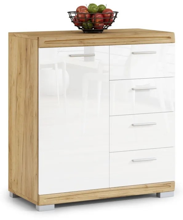 Mazzoni SIMPLE KD1SZ4 keskeny komód Arany Tölgy/Fehér Fényes - KOMÓD NAPPALIBA 4 FIÓKOS
