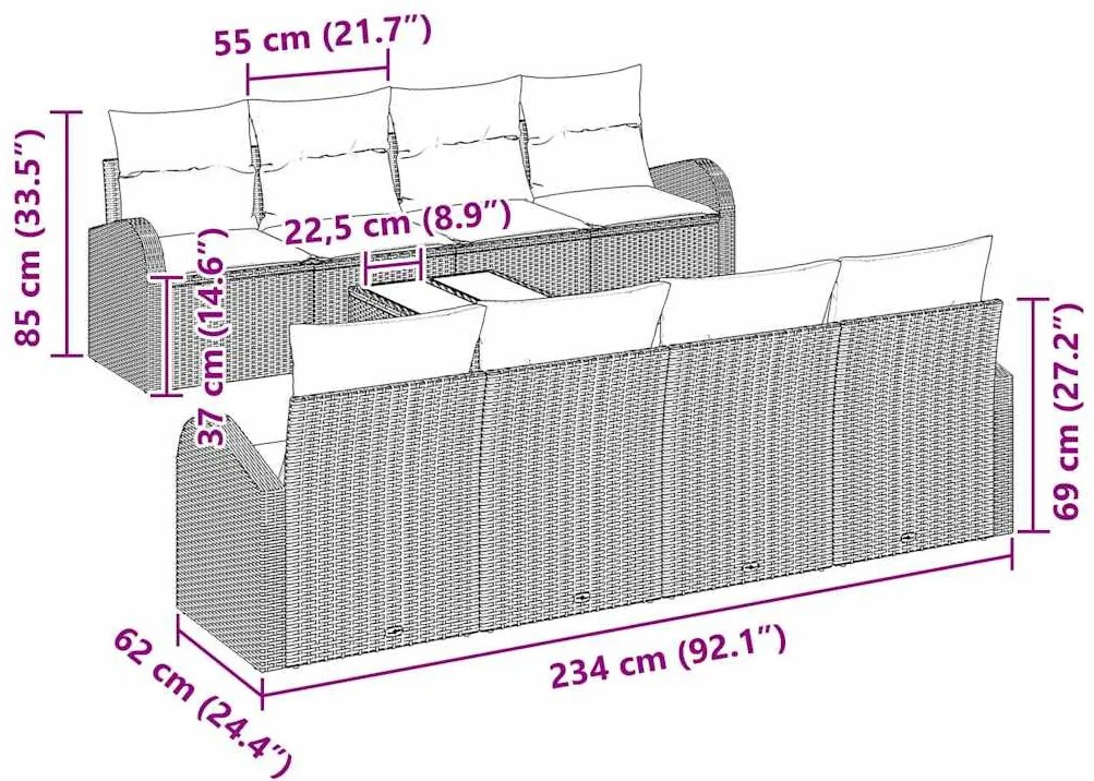 Kerti Kanapé Szett 7 pcs Fekete 55 x 55 x 37 cm polirattan