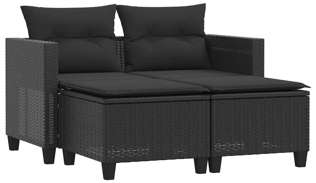 2 személyes fekete polyrattan kerti kanapé zsámollyal