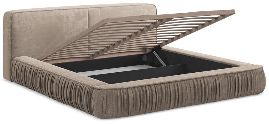 Bézs kárpitozott ágyneműtartós franciaágy ágyráccsal 180x200 cm Keoni – Makamii