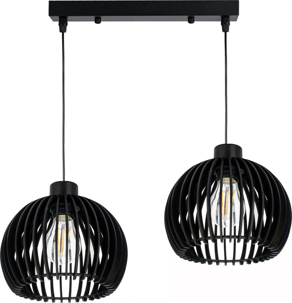 Függő lámpa Fekete csillár túlnyúló mennyezet lámpabúra fa gömb sűrű 2x E27