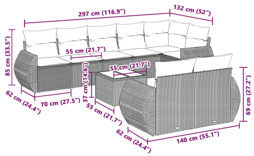 9 részes világosszürke polyrattan kerti ülőgarnitúra párnával